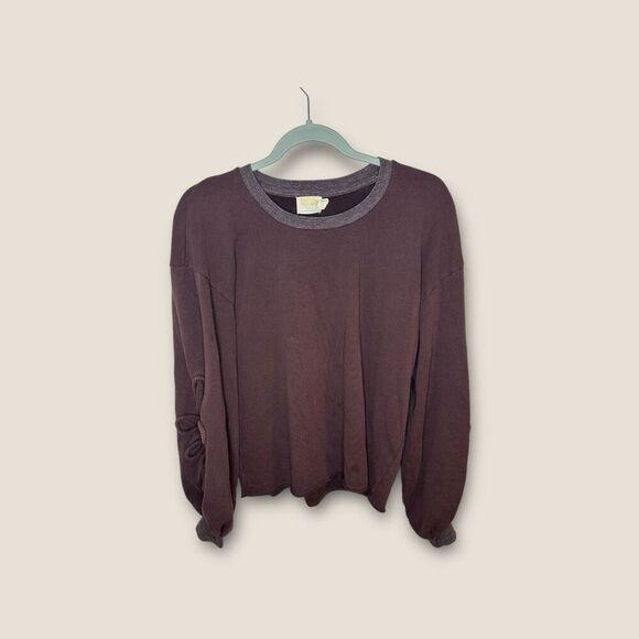 Nation LTD French Terry Crewneck Sweater Baloon Sleeve Appliqué Boho Brown Size - Picture 1 of 5